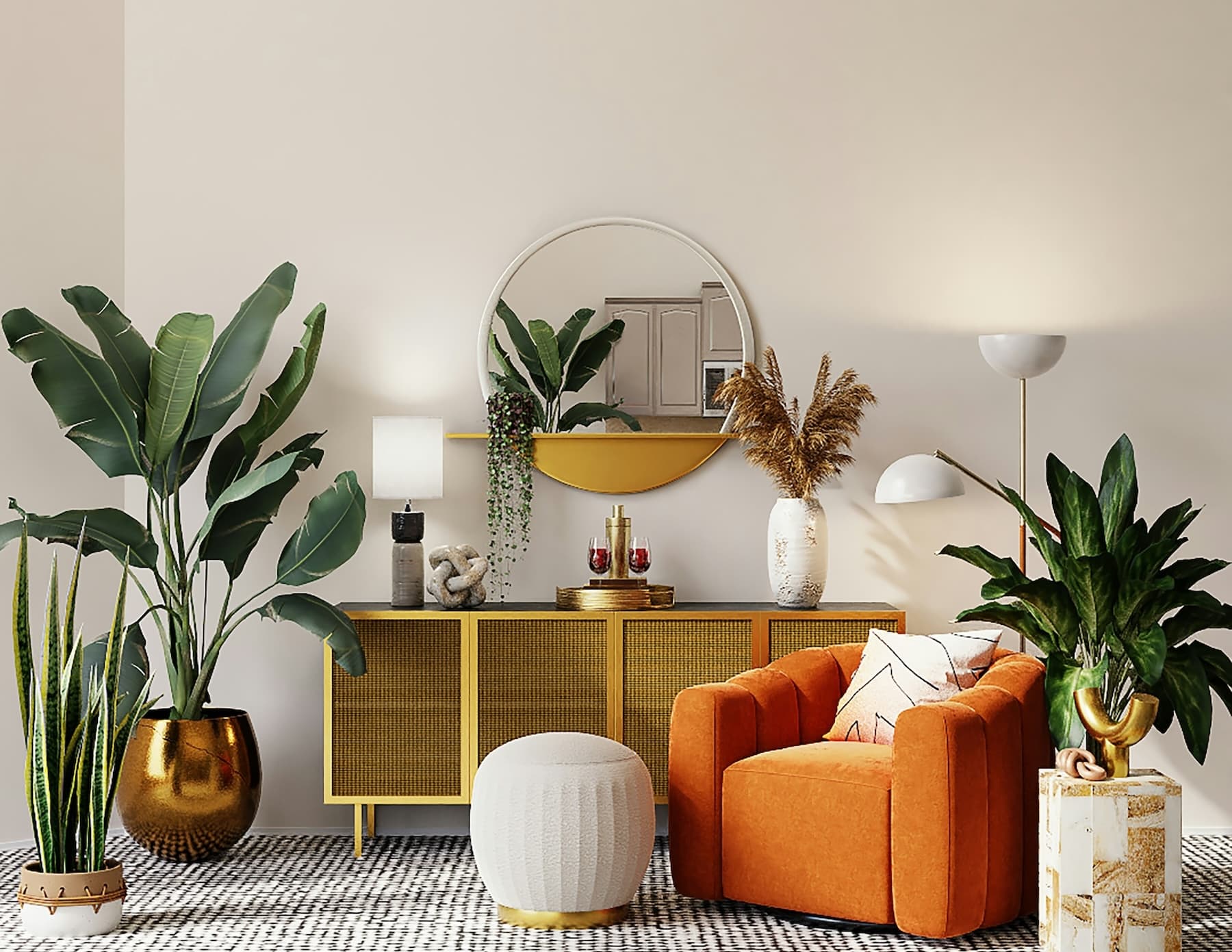 Stilrent vardagsrum inför bostadsvisning